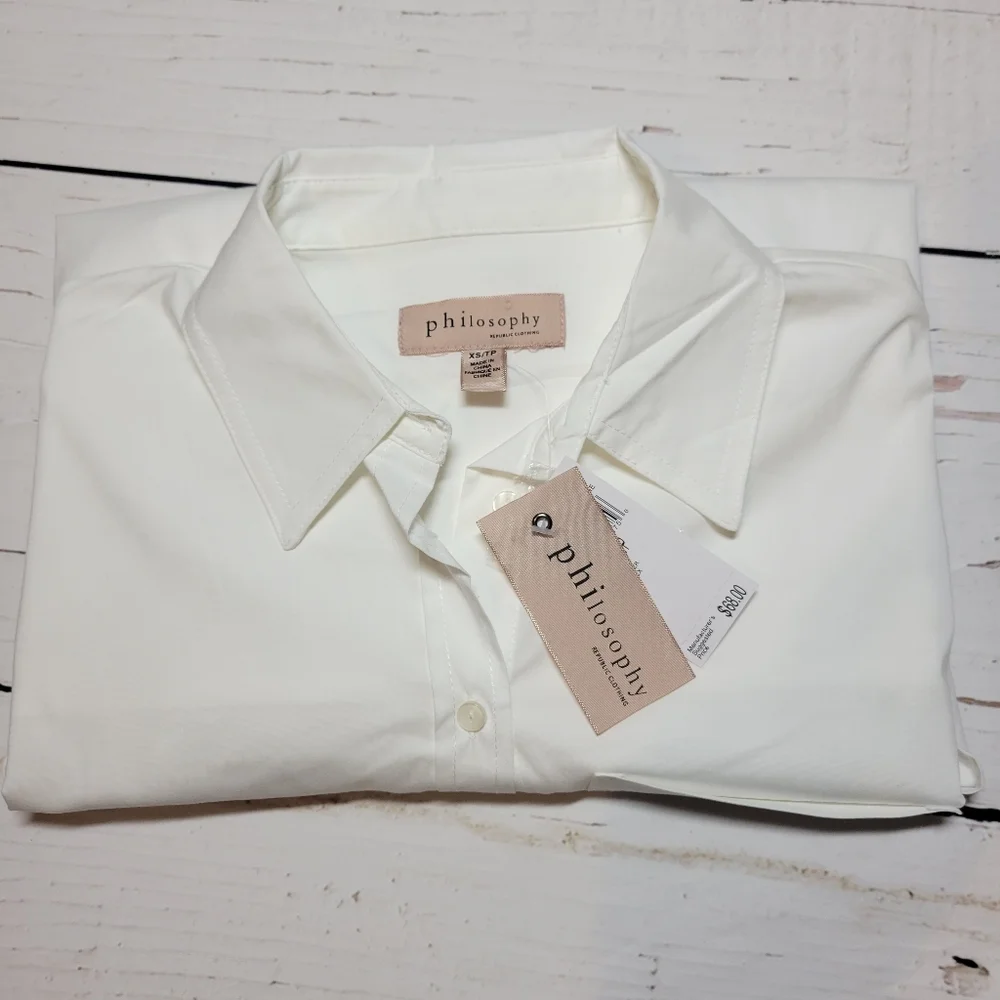Philosophy White Oversized Button-Down Shirt Hi-Lo Hem Boxy Fit Classic Size XS - Picture 3 of 11